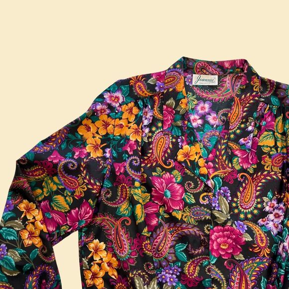 Vintage 70s/80s floral womens shirt by Joanna, 1970s black & pink blouse - Picture 8 of 8